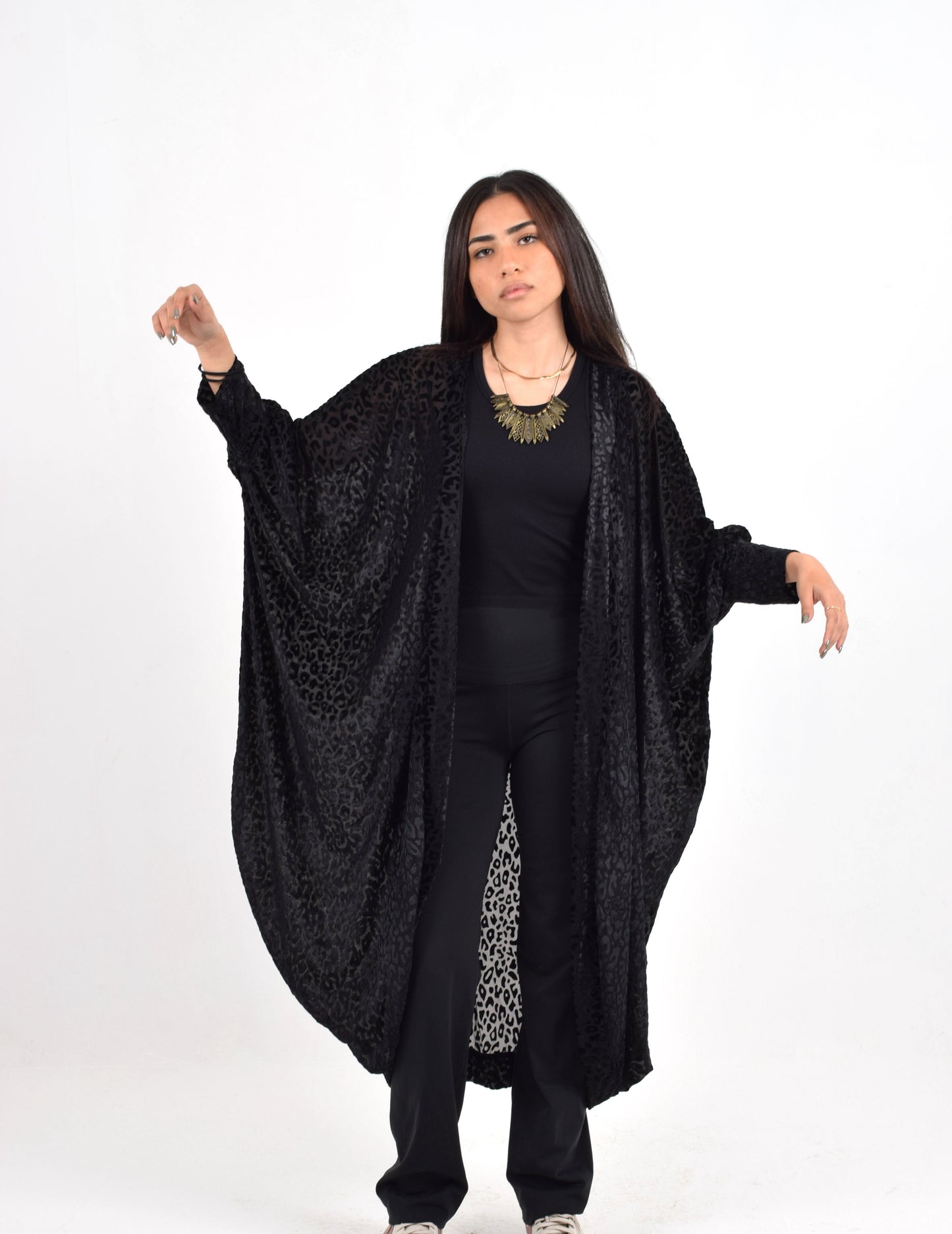 Black Cheetah Draped Kimono